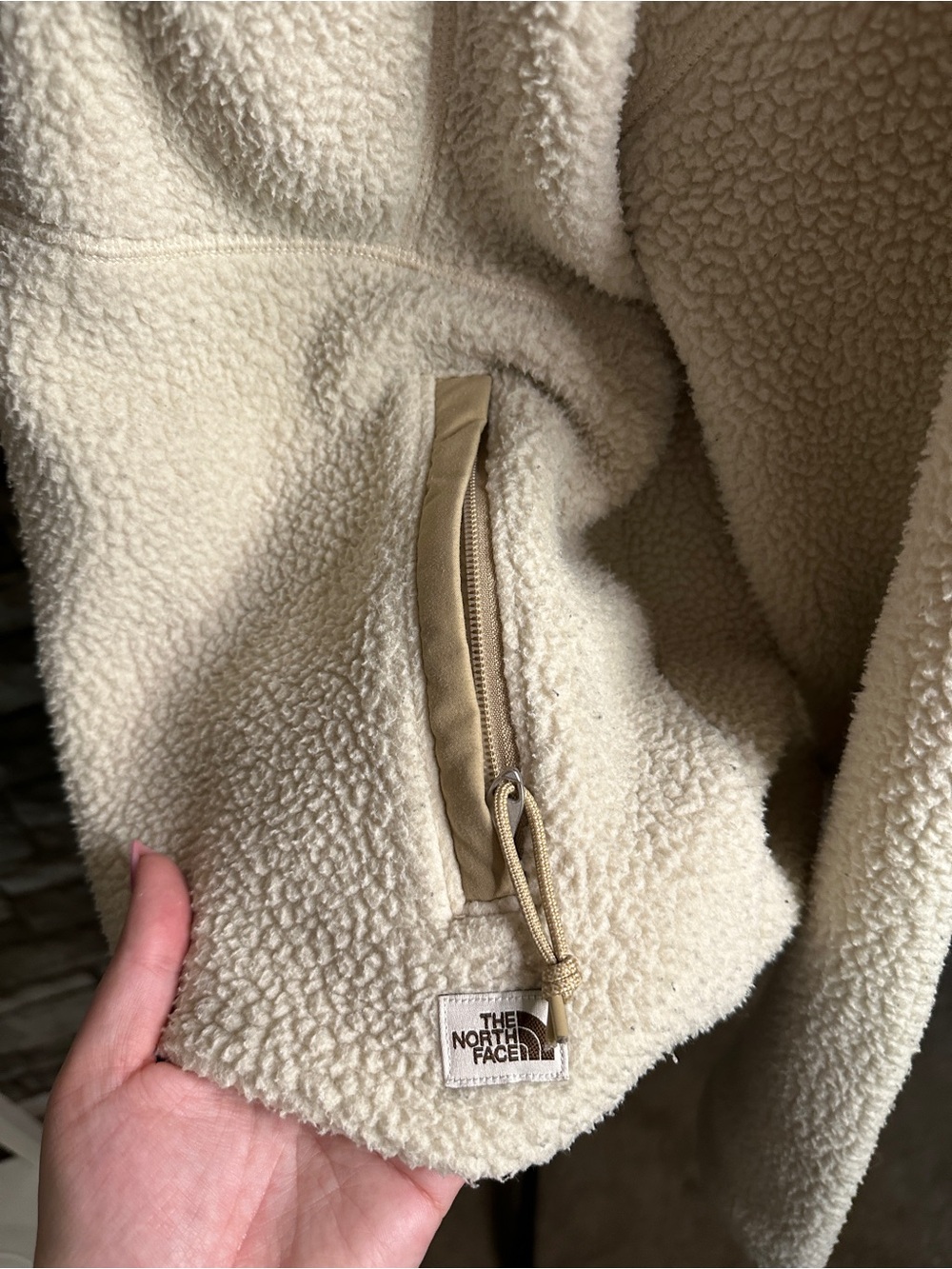 The North Face Women's Cream Sherpa Jacket with Tan Trim - Picture 8 of 14